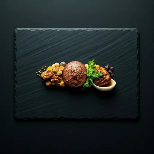 A dark slate plate composed with precise ingredients
