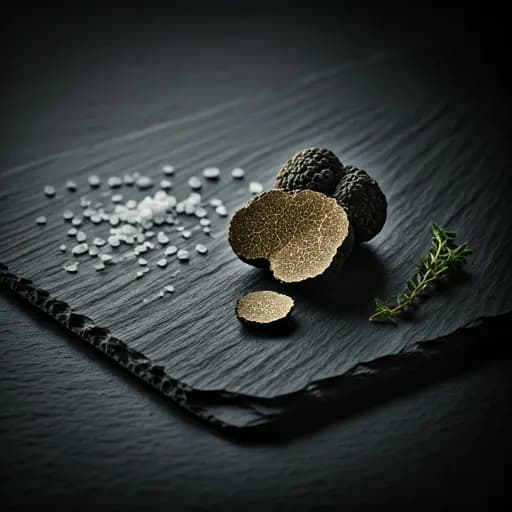 Truffles and salt on a dark slate surface