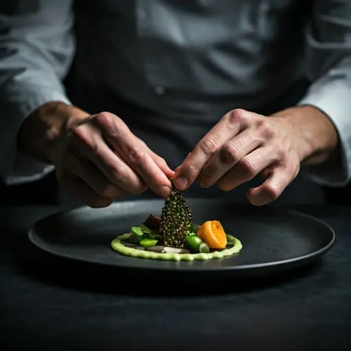 A chef carefully placing a garnish on a composed plate